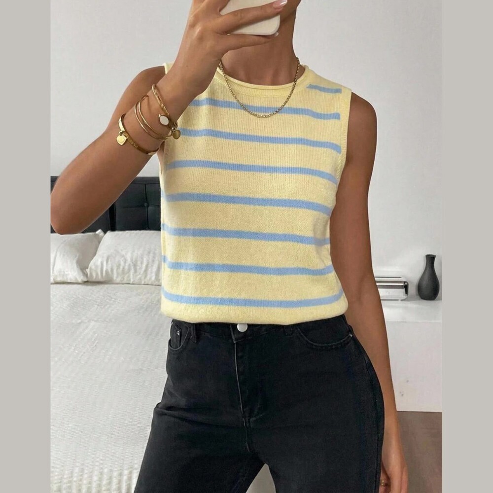 Yellow & Blue Stripe Knit Sweater Vest Top